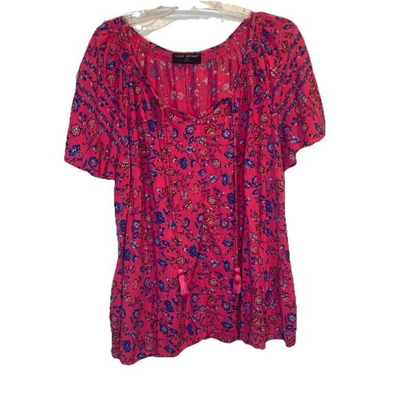 Lane Bryant Bright Pink Floral Short Flutter Sleeve Tassels Top Blouse Sz 22/24 - Picture 1 of 9